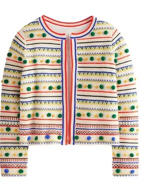 EUC Small Boden Pom Pom Cardigan Sweater Cotton Lined Adorable!